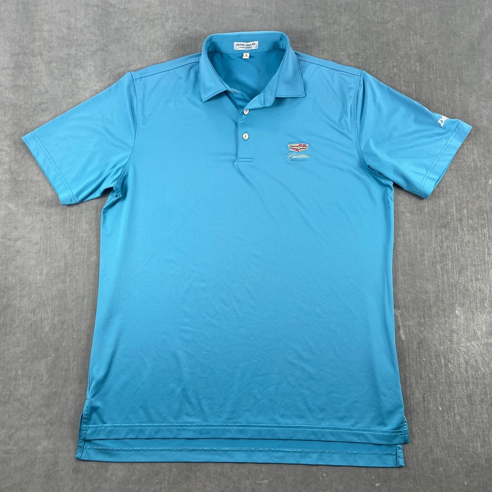 Cadillac Peter Millar Men M Blue Polo Shirt Performance Golf DeVoe Logo